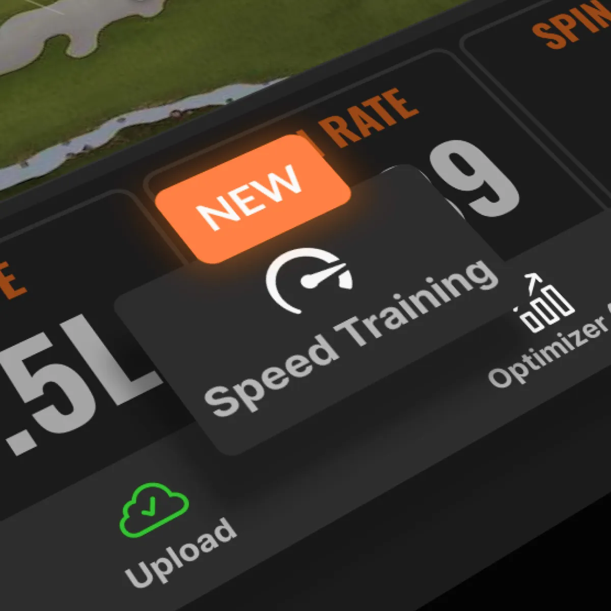 Close-up of a digital interface showing a "Speed Training" feature with a "NEW" label, alongside upload and optimization icons.