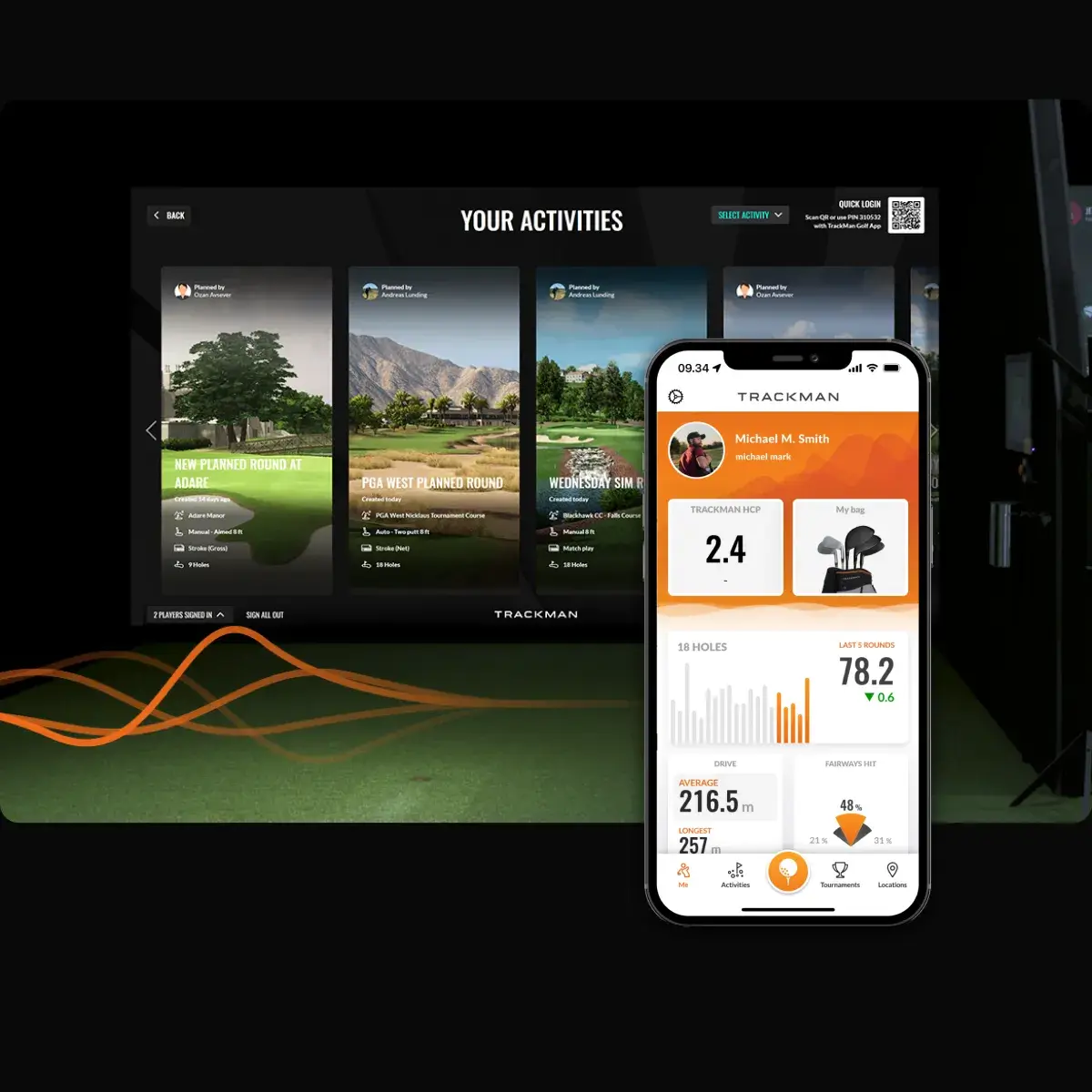 Golf simulation screen and smartphone app displaying golf stats, including distance and accuracy metrics, on a green surface.