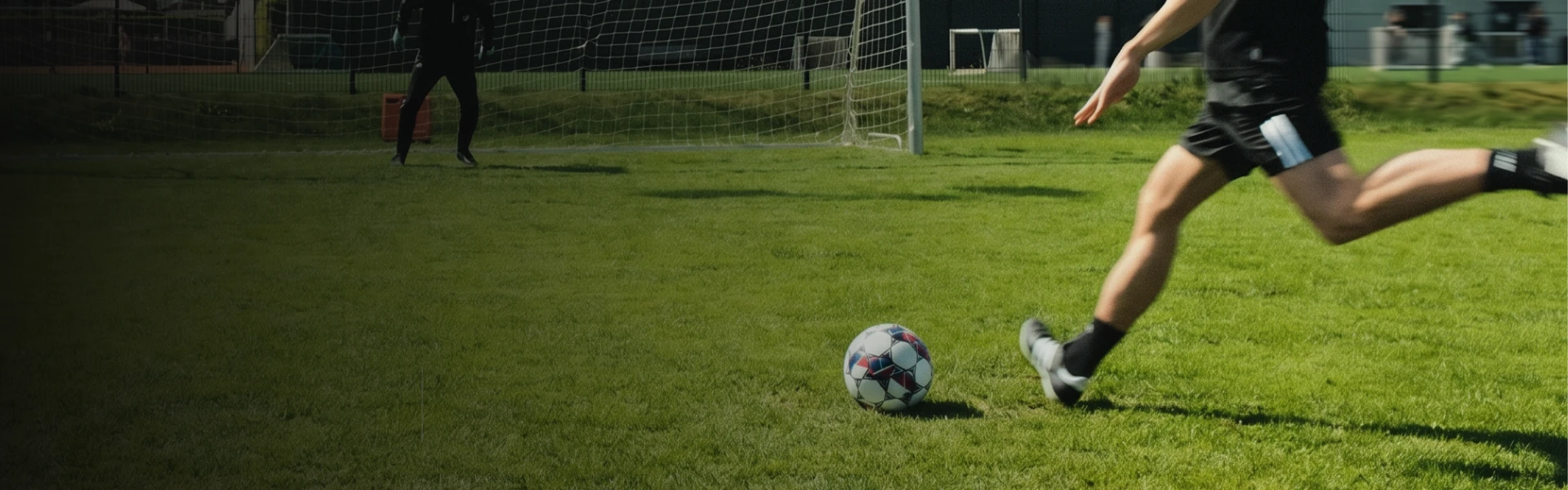 Soccer player in motion kicking a ball towards a goal with a goalkeeper standing ready in the background on a sunny field.
