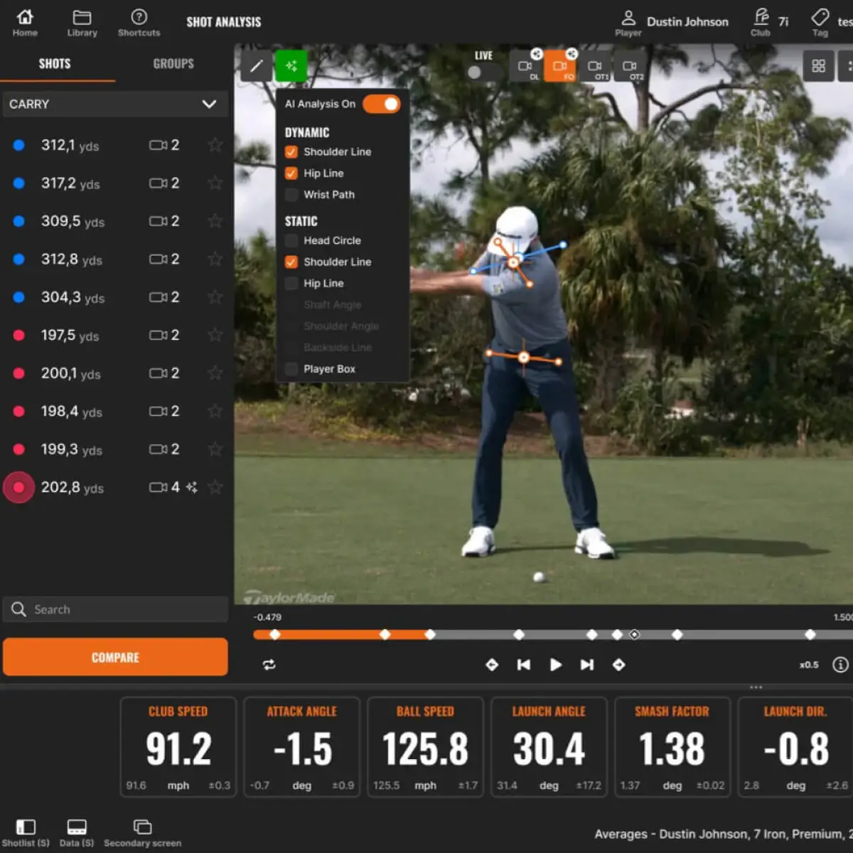 Golfer in mid-swing on a course, with shot analysis data displayed, including club speed, ball speed, and launch angle.