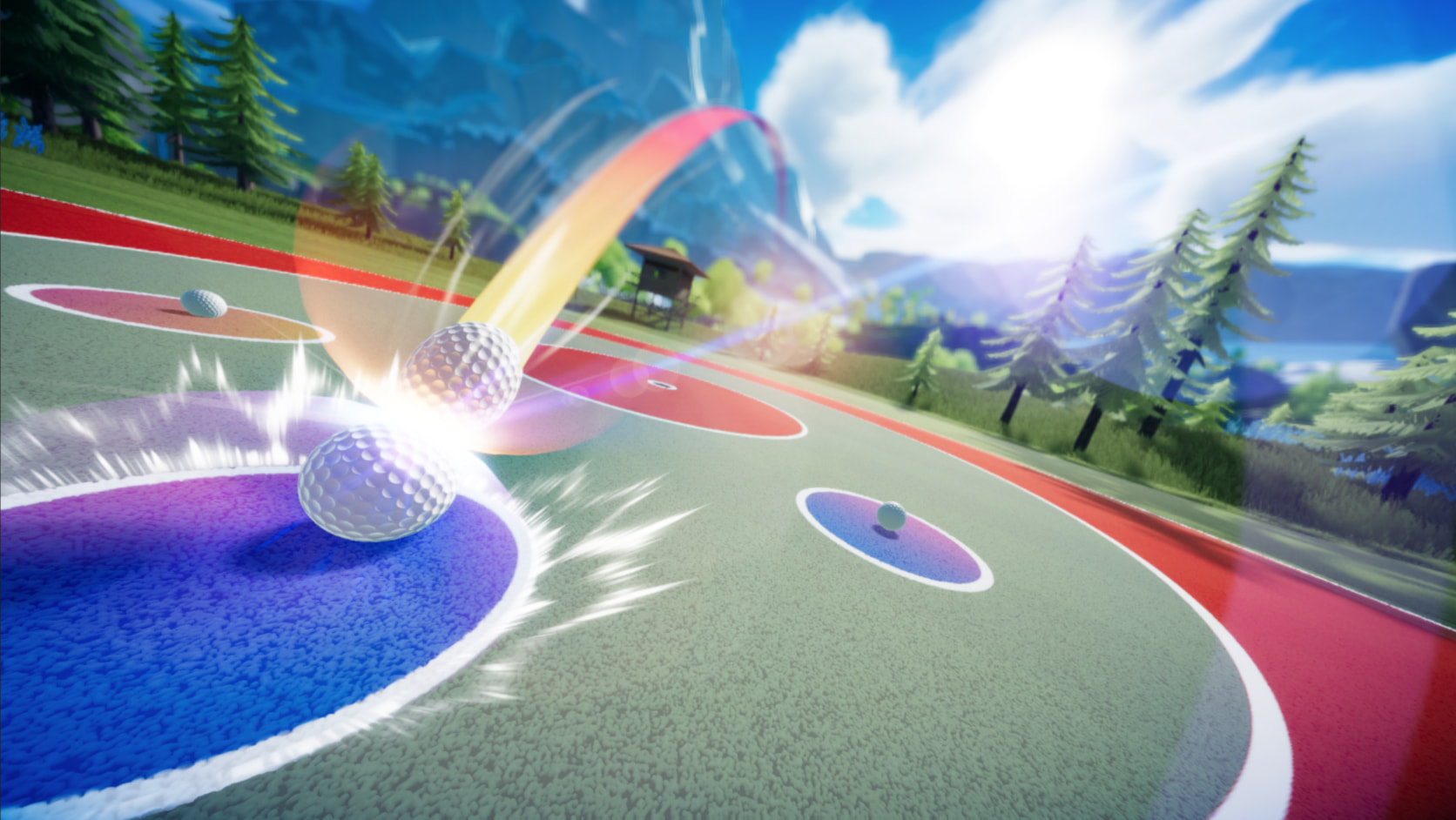 A colorful golf ball arcs towards a target on a vibrant outdoor course, set against a backdrop of trees, mountains, and a bright sky.