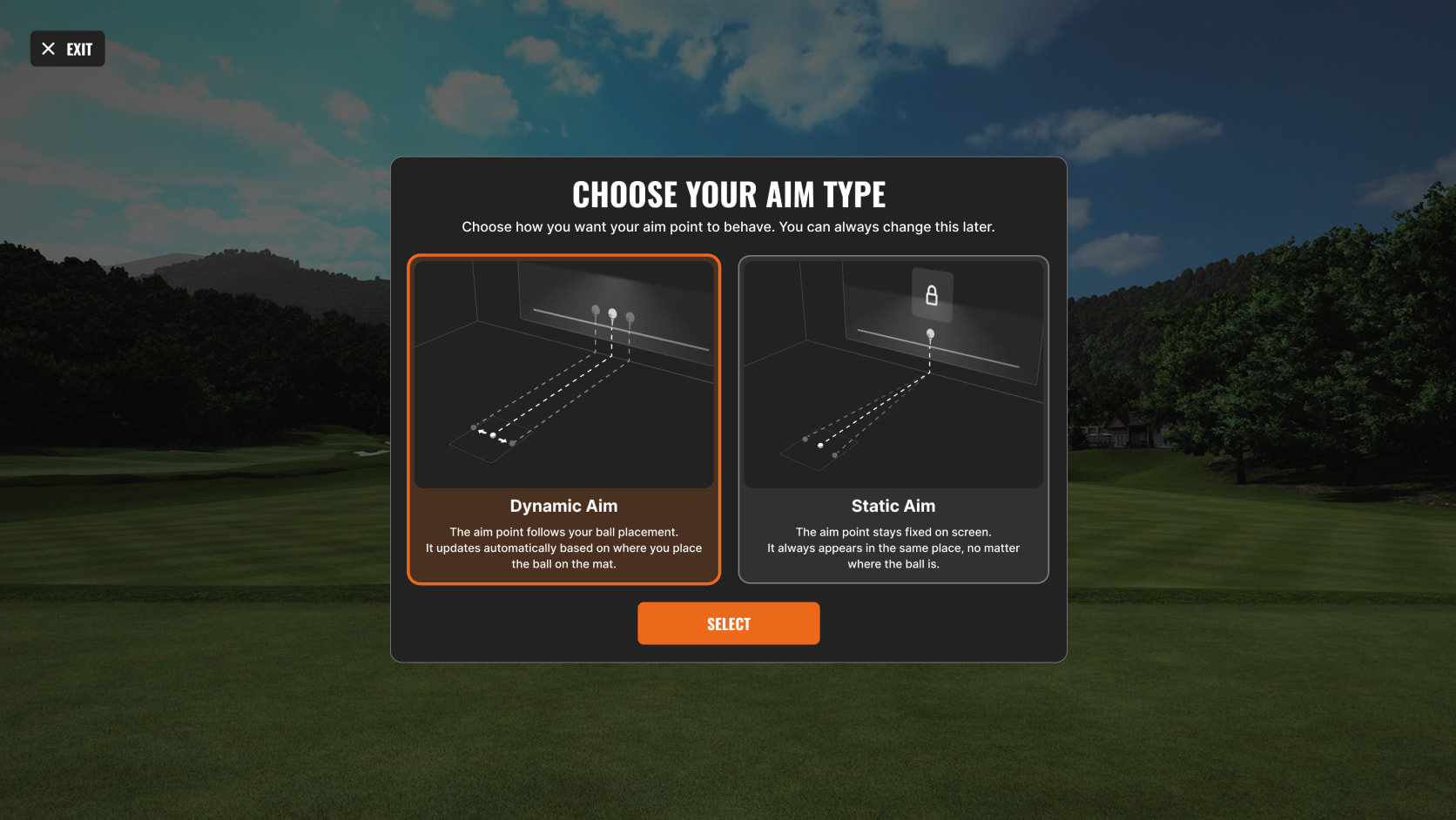 Golf game menu showing options for "Dynamic Aim" and "Static Aim" with diagrams, set against a scenic golf course background.
