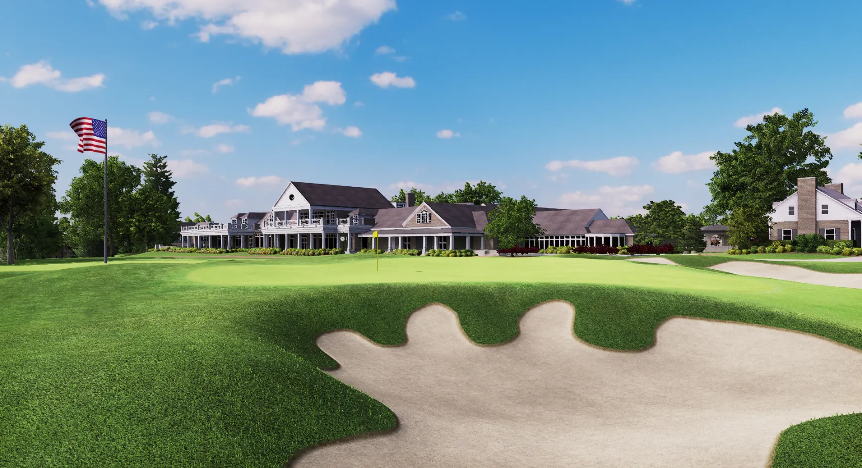 Scioto Country Club golf course with a sand trap in the foreground, clubhouse in the background, and an American flag on a pole.
