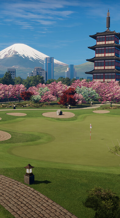 青空の下、桜と五重塔、富士山を背景にした Trackman ゴルフシミュレーターのバーチャルコース青空の下、桜と五重塔、富士山を背景にした Trackman ゴルフシミュレーターのバーチャルコース