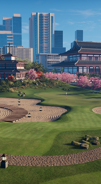 Trackman 桜と寺院がある日本庭園の奥に高層ビルが立ち並ぶ、伝統と現代が融合した風景。